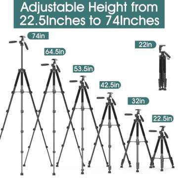 UBeesize 74" Camera Tripod with Phone Holder and Remote, Heavy Duty Tripod Stand with Portable Bag for Phone and Camera, Compatible with DSLR Cameras, Cell Phones, Spotting Scopes and Binoculars