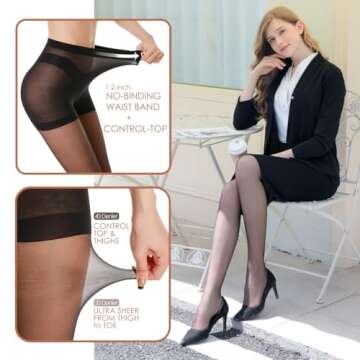 G&Y 3 Pairs Women's Sheer Tights - 20D Control Top Pantyhose with Reinforced Toes (Black, XL)