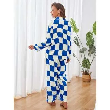 Brosloth Womens Satin Pj Sets Cute Silk Pajamas Set Soft Comfy Long Sleeve Plaid Spring Winter Loungewear Button Down Pjs Royal Blue M