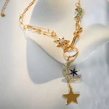 ORIGENCE Charm Necklace for Women Moon and Star Necklace Chunky Gold Necklace Paperclip Necklace Pendent Necklace for Women Boho Jewelry Birthday Gift for Her