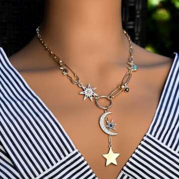 ORIGENCE Charm Necklace for Women Moon and Star Necklace Chunky Gold Necklace Paperclip Necklace Pendent Necklace for Women Boho Jewelry Birthday Gift for Her