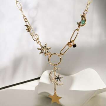 ORIGENCE Charm Necklace for Women Moon and Star Necklace Chunky Gold Necklace Paperclip Necklace Pendent Necklace for Women Boho Jewelry Birthday Gift for Her