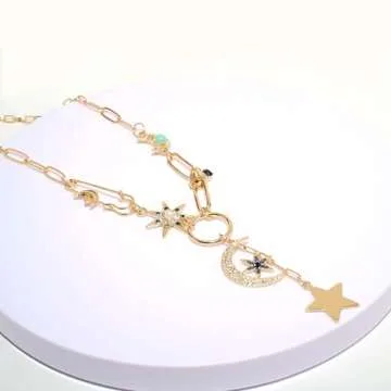 ORIGENCE Charm Necklace for Women Moon and Star Necklace Chunky Gold Necklace Paperclip Necklace Pendent Necklace for Women Boho Jewelry Birthday Gift for Her