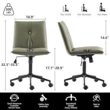 YOUNIKE Ergonomic Armless Office Chair 360°Swivel Home Desk Chair with Wheels and Back Support for Study Room, Height Adjustable Rolling Chair for Bedroom, Olive Green
