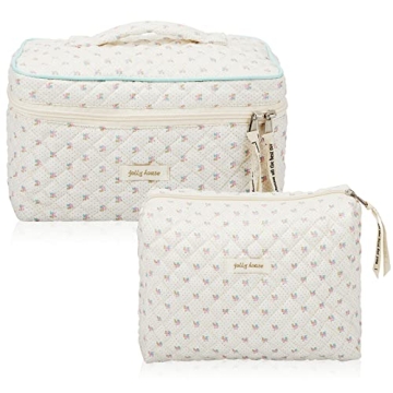 Zeyune 2 Pcs Cotton Quilted Makeup Bag for Women, Large Travel Coquette Cosmetic Bag, Aesthetic Cute...
