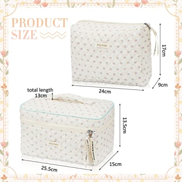 Zeyune 2 Pcs Cotton Quilted Makeup Bag Set for Women