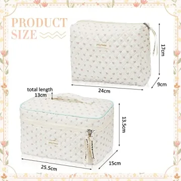 Zeyune 2 Pcs Cotton Quilted Makeup Bag Set for Women