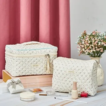 Zeyune 2 Pcs Cotton Quilted Makeup Bag Set for Women