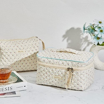 Zeyune 2 Pcs Cotton Quilted Makeup Bag Set for Women