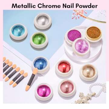 Makartt Chrome Nail Powder Kit, 10 Metallic Colors, Mirror Effect Iridescent Pigments for Nail Art Decoration, 0.5g/Jar for Manicure and Pedicure