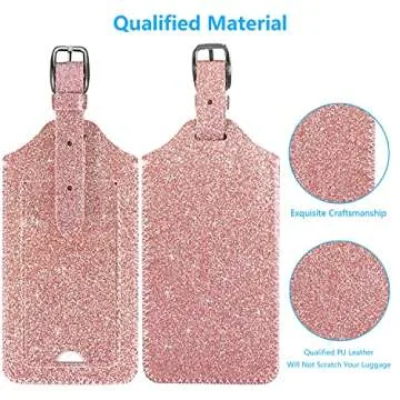 ACdream Luggage Tags 2 Pack, Leather Suitcase Identifiers, Cute Cruise ID Labels with Privacy Cover fits on Backpack for Women, Men, Adults, Kids, Travel Bag, Glitter Rose Gold