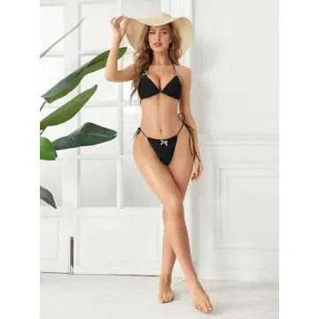 OYOANGLE Women's High Waisted Bow Bikini 2 Piece Swimsuits Tie Side Halter Triangle Sexy Bikinis Sets Bathing Suits Black Small