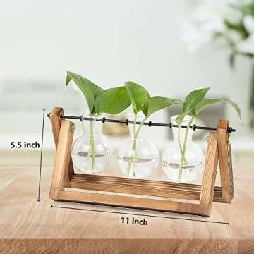 REFFU 2 Sets Plant Propagation Station, Plant Terrarium with Wooden Stand, Desktop Air Planter Bulb Glass Vase, Metal Swivel Holder for Indoor Hydroponics Plants Home Office Décor Planter 3 Bulb Vase
