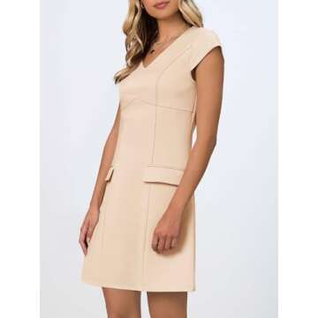 MEROKEETY Women's V Neck Work Business Dresses Elegant Formal Office Cap Sleeve Casual Mini Dress, Khaki, Large