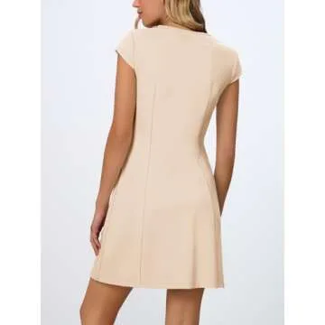 MEROKEETY Women's V Neck Work Business Dresses Elegant Formal Office Cap Sleeve Casual Mini Dress, Khaki, Large