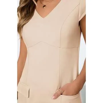 MEROKEETY Women's V Neck Work Business Dresses Elegant Formal Office Cap Sleeve Casual Mini Dress, Khaki, Large