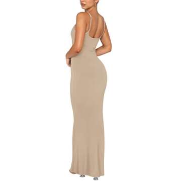 REORIA Women's Sexy Casual Lounge Slip Long Dress Elegant Wedding Guest Sleeveless Backless Ribbed Bodycon Maxi Dresses Khaki Large