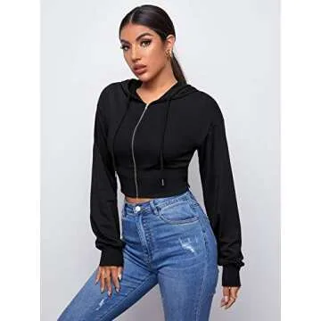 WDIRARA Women's Drop Shoulder Zip Up Drawstring Hoodie Black S