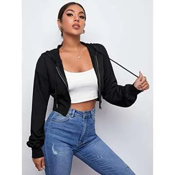 WDIRARA Women's Drop Shoulder Zip Up Drawstring Hoodie Black S