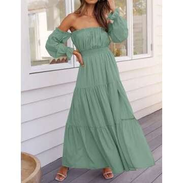 ZESICA Women's 2025 Boho Sexy Off Shoulder Long Sleeve Smocked High Waist Side Split Flowy A Line Tiered Long Maxi Dress,Green,Small