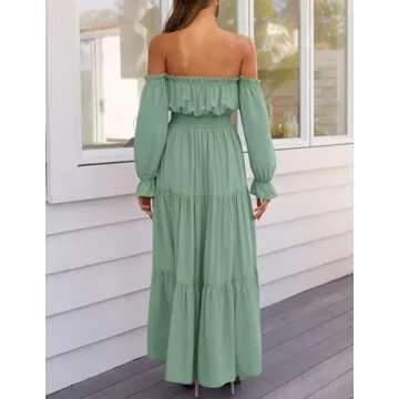 ZESICA Women's 2025 Boho Sexy Off Shoulder Long Sleeve Smocked High Waist Side Split Flowy A Line Tiered Long Maxi Dress,Green,Small