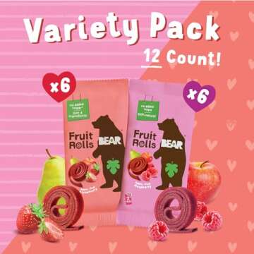 Bear Valentines Day Strawberry & Raspberry Fruit Rolls Variety Pack, 12 Pack (2 Rolls Per Pack) – Gluten Free, Vegan, and Non-GMO – Healthy School And Lunch Snacks For Kids And Adults