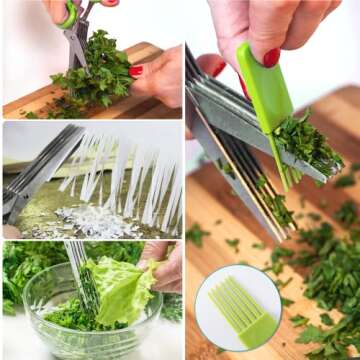 Herb Scissors, Herb Stripper with 5 Blade and Cover, Vegetable Salad Cutter, Stainless Steel Peelers for Kitchen, Chopping Chive, Salad, Collard Greens, Parsley, Multifunction Scissors Set