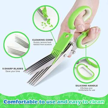 Herb Scissors, Herb Stripper with 5 Blade and Cover, Vegetable Salad Cutter, Stainless Steel Peelers for Kitchen, Chopping Chive, Salad, Collard Greens, Parsley, Multifunction Scissors Set