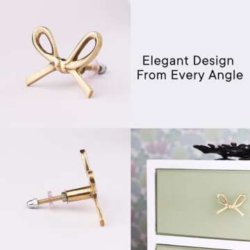 Indian Shelf 6 Pieces Brass Gold Bow Drawer Knobs for Kitchen Cabinet Hardware Nursery Door Decorative Tie Kids Dresser Knobs Pulls Premium Vintage Knob