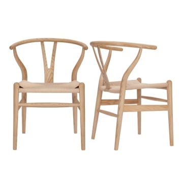 VODUR Wishbone Chair Natural Solid Wood Dining Chair/Hans Vegner Y Chair Rattan and Wood Accent Armr...