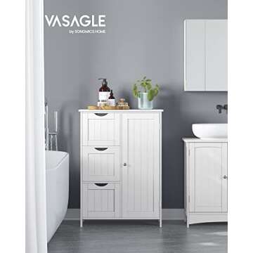 VASAGLE Bathroom Floor Storage Cabinet, Bathroom Storage Unit with 3 Drawers, 1 Adjustable Shelf, Bathroom Cabinet Freestanding , 11.8 x 23.6 x 31.5 Inches, White UBBC49WT