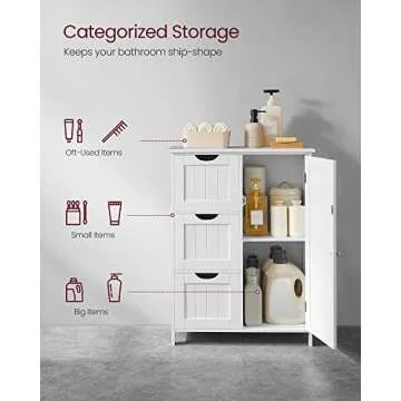 VASAGLE Bathroom Floor Storage Cabinet, Bathroom Storage Unit with 3 Drawers, 1 Adjustable Shelf, Bathroom Cabinet Freestanding , 11.8 x 23.6 x 31.5 Inches, White UBBC49WT