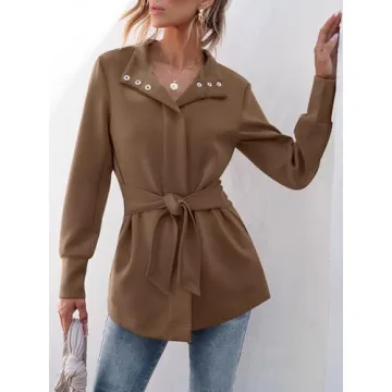 ANRABESS Womens Jacket Belted Casual Long Sleeve Wrap Trench Coat 2024 Winter Trendy Button Up Dressy Outerwear with Pockets Brown Small