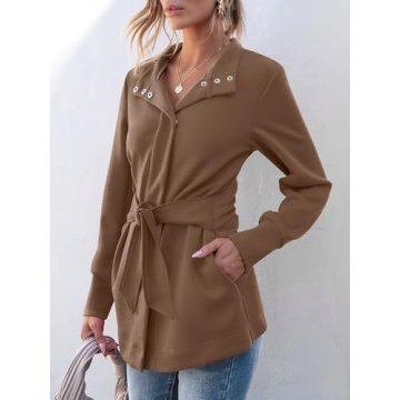 ANRABESS Womens Jacket Belted Casual Long Sleeve Wrap Trench Coat 2024 Winter Trendy Button Up Dressy Outerwear with Pockets Brown Small