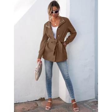 ANRABESS Womens Jacket Belted Casual Long Sleeve Wrap Trench Coat 2024 Winter Trendy Button Up Dressy Outerwear with Pockets Brown Small