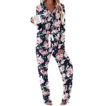 Ekouaer Women's Pajamas Long Sleeve Sleepwear Casual Button Down Loungewear Soft Pjs Set S-XXL