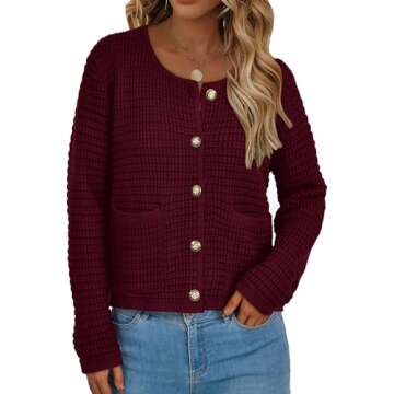 PRETTYGARDEN Women's Knit Cardigan Sweaters Fall Fashion Long Sleeve Open Front Button Down Trendy Casual Sweater Jacket (Wine Red,Medium)