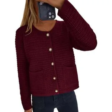 PRETTYGARDEN Women's Knit Cardigan Sweaters Fall Fashion Long Sleeve Open Front Button Down Trendy Casual Sweater Jacket (Wine Red,Medium)