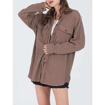 CHARTOU Women's Vintage Banded Collar Button Down Baggy Loose Fit Mid-Weight Frayed Waffle Knit Shacket Shirt Tops (X-Large, Coffee)