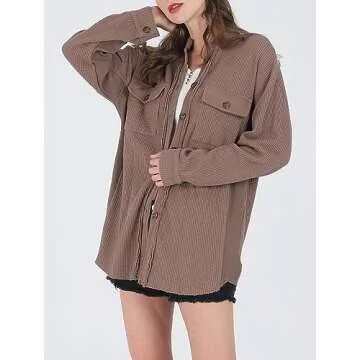 CHARTOU Vintage Banded Collar Waffle Knit Shacket for Women