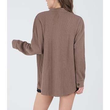 CHARTOU Women's Vintage Banded Collar Button Down Baggy Loose Fit Mid-Weight Frayed Waffle Knit Shacket Shirt Tops (X-Large, Coffee)