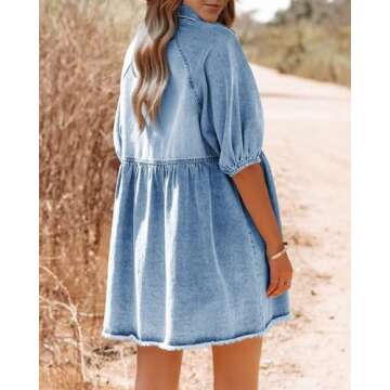 Pepochic Womens Summer Denim Dress Button Down Short Sleeve Babydoll Dress Puff Sleeve Flowy Jean Dress Blue