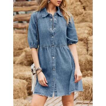 Pepochic Womens Summer Denim Dress Button Down Short Sleeve Babydoll Dress Puff Sleeve Flowy Jean Dress Blue