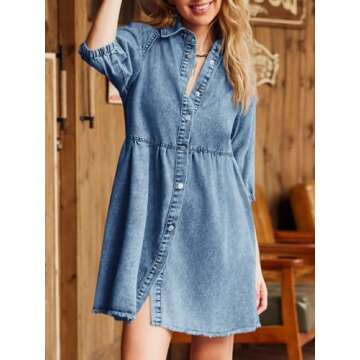 Pepochic Womens Summer Denim Dress Button Down Short Sleeve Babydoll Dress Puff Sleeve Flowy Jean Dress Blue