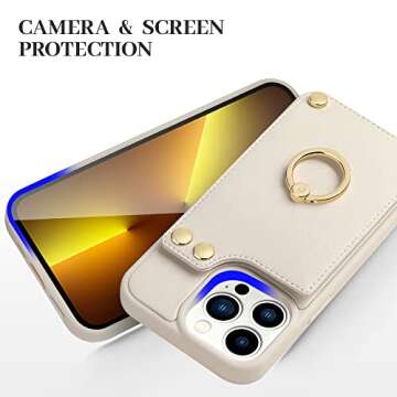 LAMEEKU Compatible with iPhone 13 Pro Wallet Case with Card Holder, 6.1'', 360°Rotation Ring Stand, RFID Blocking Snap Button Protective Leather Case Designed for Apple iPhone 13 Pro Beige