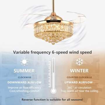 Siljoy 36 Inch Gold Fandelier Ceiling Fan with Light, Crystal Ceiling Fan with Lights and Remote, LED Dimmable Chandelier Fan with Invisible Reversible Fan Blades for Bedroom Living Room Dining Room