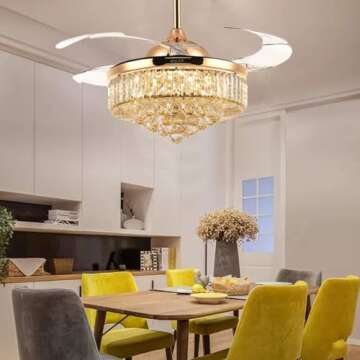 Siljoy 36 Inch Gold Fandelier Ceiling Fan with Light, Crystal Ceiling Fan with Lights and Remote, LED Dimmable Chandelier Fan with Invisible Reversible Fan Blades for Bedroom Living Room Dining Room