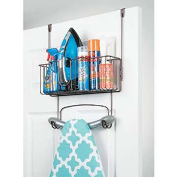 mDesign Ironing Board Holder with Storage Basket over the Door