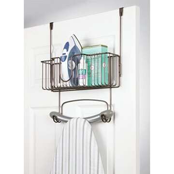 mDesign Ironing Board Holder with Storage Basket over the Door