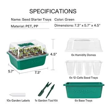 VIVOSUN 6-Pack Seed Starter Trays, 72-Cell Seed Starter Kit with Humidity Dome, Flat Reusable Plant Germination Trays with Drain Hole, Green Propagation Tray for Planting Seeds